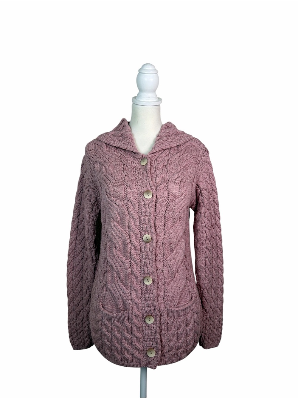Aran Woollen Mills Pink Merino Wool Cable Knit Cardigan Women’s Medium Ireland